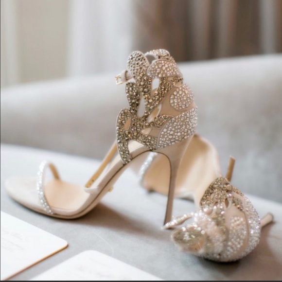FSJ Shoes - Champagne Rhinestones Ankle Strap Stiletto Heels